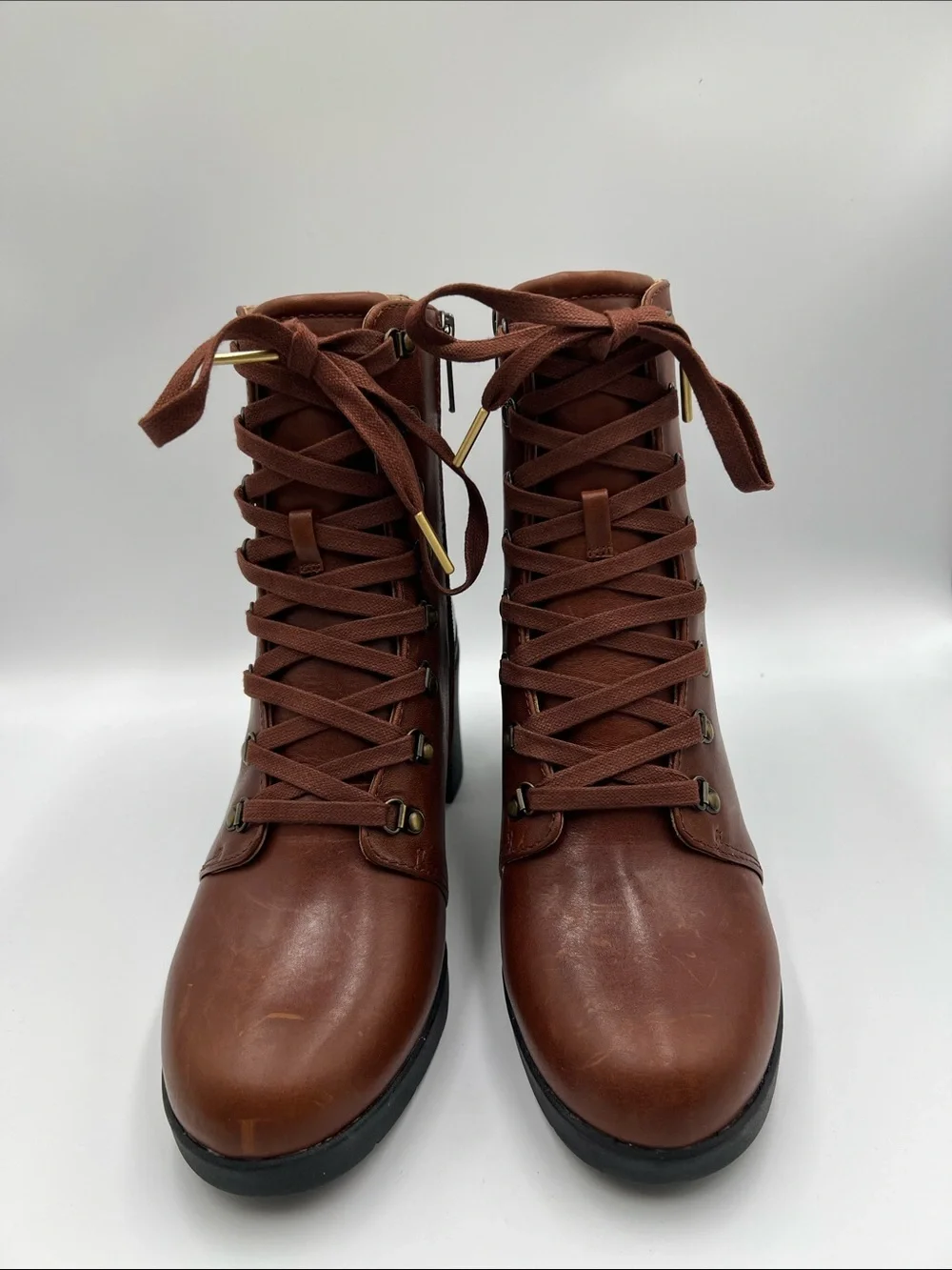 Abeo Metropolis lace short ankle boots zipper chunky heel boho granny brown 8